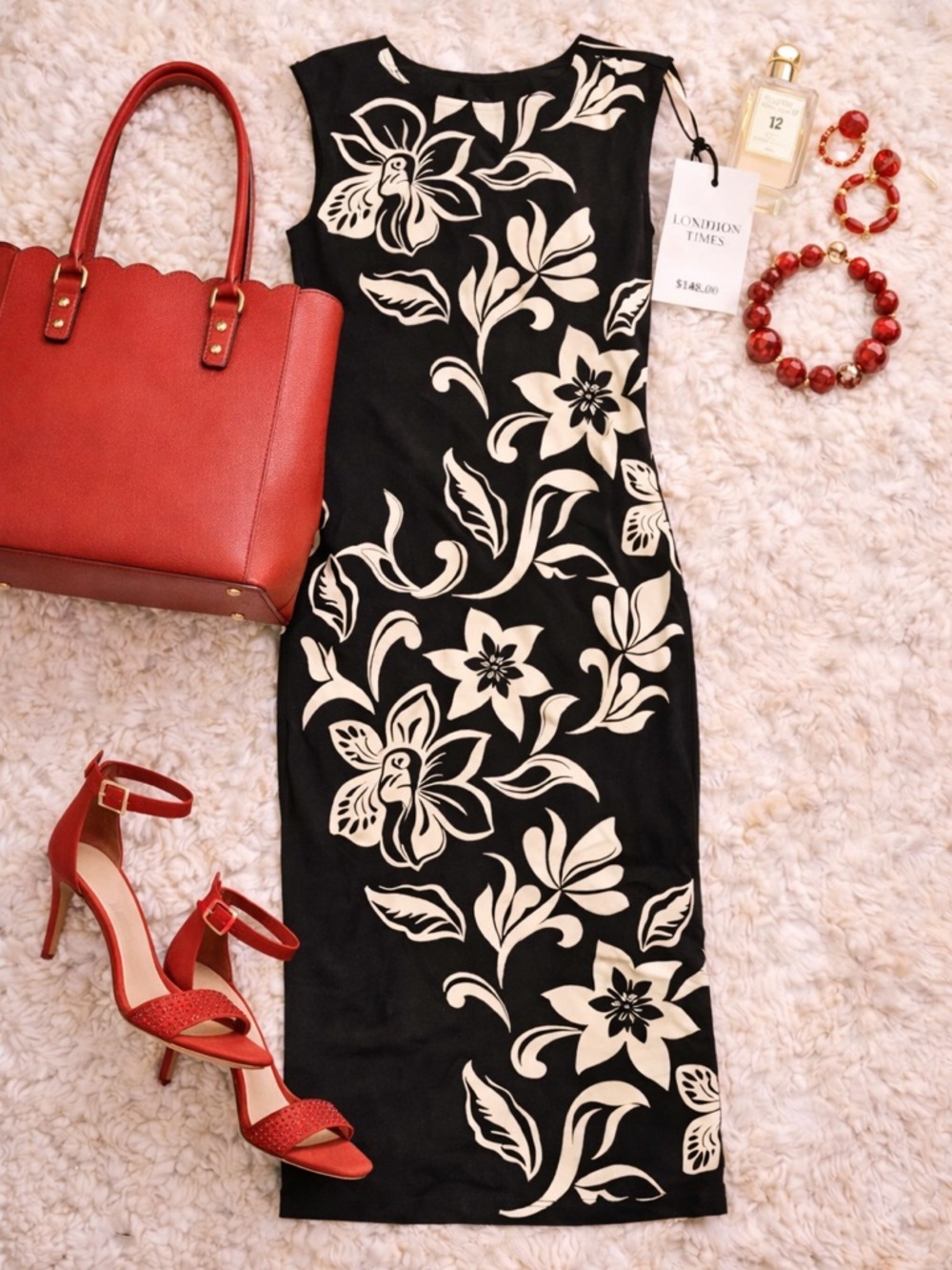 London Times Petite Black Ivory Floral Midi Dress 12P NWT Office Wedding Guest
